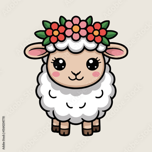 Cute cartoon sheep with flower crown and big eyes standing on a plain background vector style