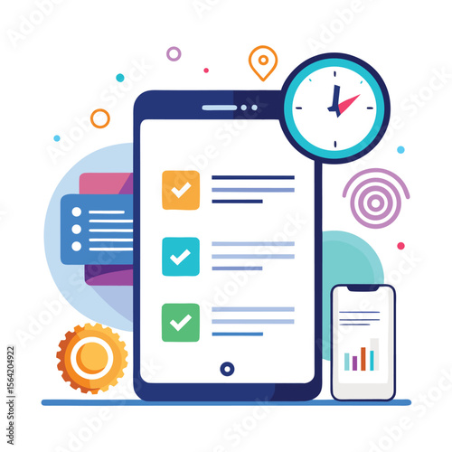 Mobile productivity illustration featuring time management checklist and data analysis.