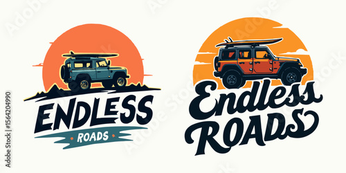 Endless Roads Adventure Logo Set with Off-Road Vehicle, Surfboard, and Sunset for Travel, Surf, and Outdoor Lifestyle Branding