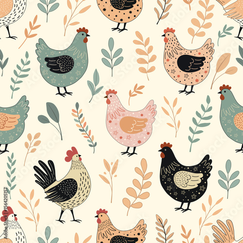 Floral seamless pattern with cute cartoon chickens  on white background
