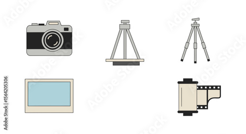 Vector photography equipment icons: camera, tripod, film roll, and photo frame for photographers and videographers