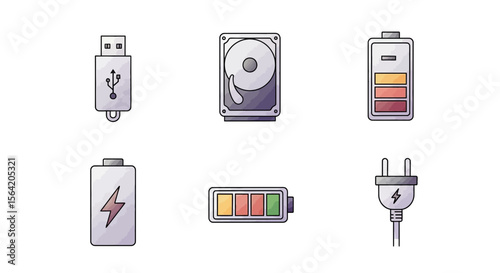 Vector illustration of usb drive hard disk battery and plug for electronic devices and power connection needs