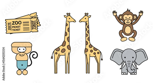 Vector cute zoo animals vector illustration featuring giraffe monkey and elephant with zoo tickets design vector