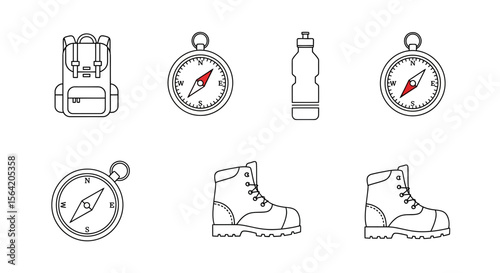 Vector hiking gear essentials vector illustration for outdoor adventure backpacking compass water bottle boots pack
