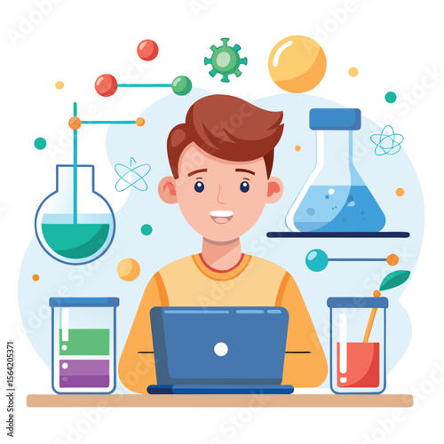 Scientist with laptop engaged in scientific experiments with lab equipment