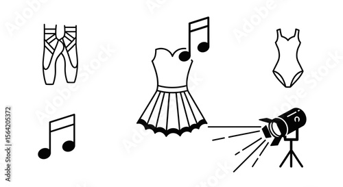 Vector ballet dance class elements vector illustration featuring shoes dress leotard music and stage light icon
