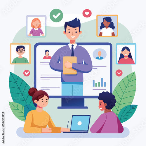 Virtual recruitment process with diverse candidates and modern technology illustration