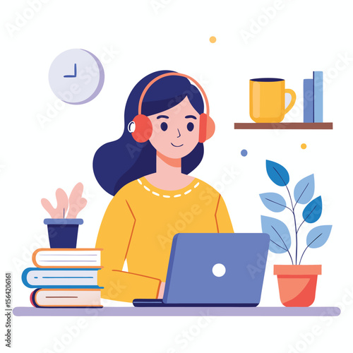 Woman working from home with laptop and headphones studying remotely with plants