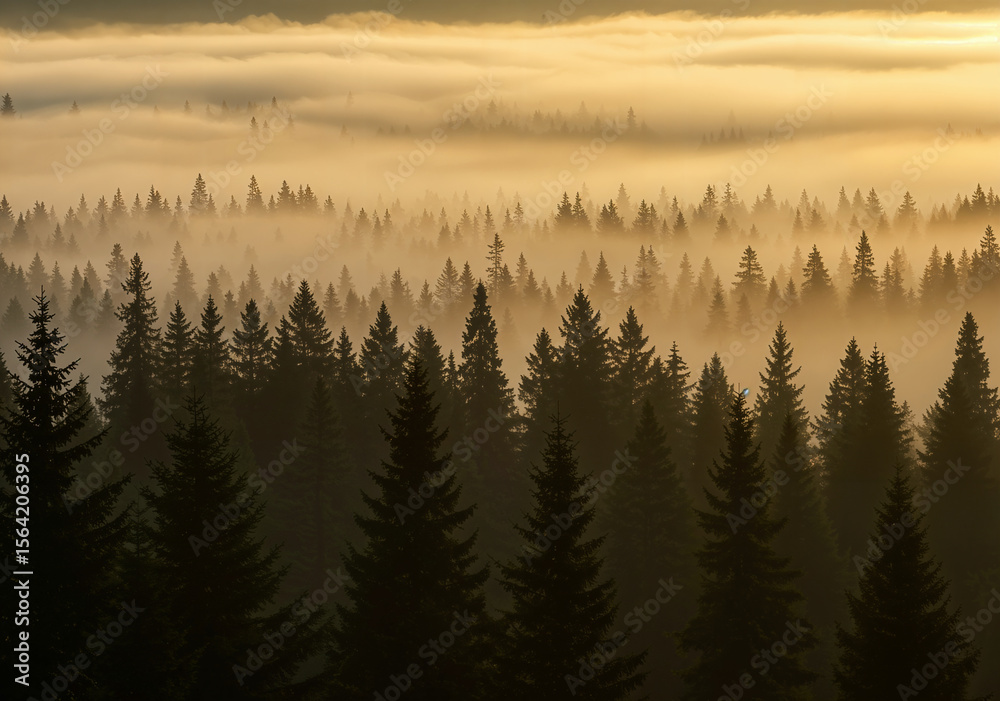 Obraz premium Dark silhouettes of coniferous trees emerge from a layer of golden fog illuminated by morning light, creating an ethereal and mysterious forest landscape