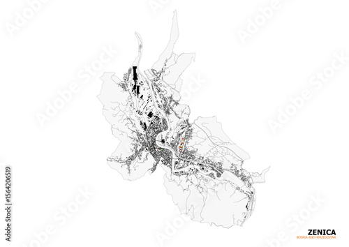 Vector map of Zenica, Bosnia and Herzegovina. Displays the city's urban layout, prominently featuring its road network (highways) and dense building structures, highlighting key infrastructure.