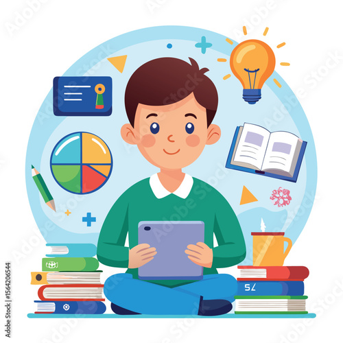 Young student using a tablet surrounded by books and educational elements in a cartoon illustration.