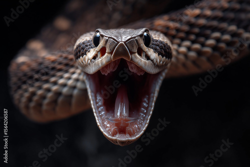 Close close-up of threatening snake's open mouth showing fangs