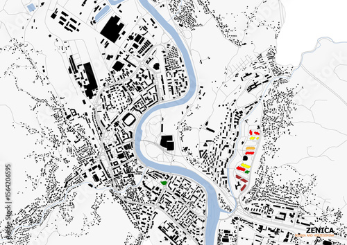 Vector map of Zenica, Bosnia and Herzegovina. Shows the city's highways, buildings, and waterways in detail, providing a comprehensive overview of its urban and natural features.