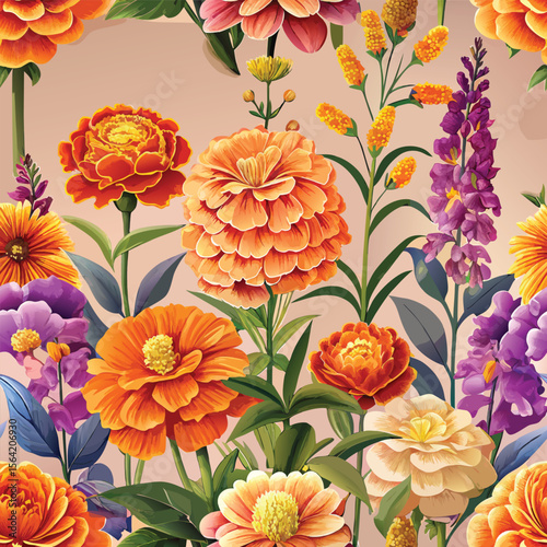 A vibrant botanical garden illustration featuring colorful flowers lush foliage and a curious cat perfect for creative projects and adding a touch of nature Detailed