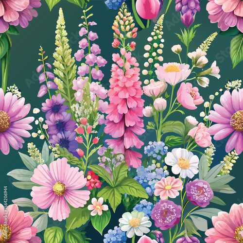 A Vibrant English Cottage Garden Scene with a Playful Cat Amidst Lush Foliage and Colorful Flowers in a Quaint and Charming Vector Illustration Detailed illustration