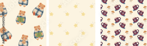 cute collection patterns with teddy bear, star, mug and cupcake. Cozy warm child design for packing, textile, print, wallart