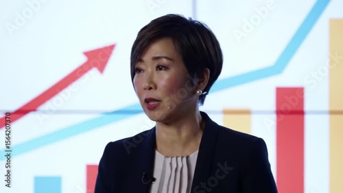 Close-up on a confident businesswoman presenting in front of a sleek LED screen displaying growth charts; soft spotlight highlights her; medium-depth of field keeps focus on speaker, subtle camera.
