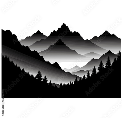 Minimalist Mountain Peaks Vector Illustration in Black and White