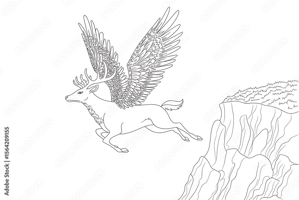 Obraz premium Winged deer soars above a cliff. 