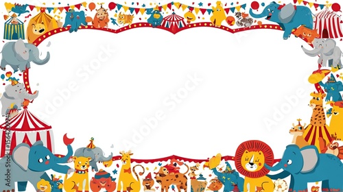 Festive circus animal border, perfect for invitations, posters, or cards.  Blank center for your message