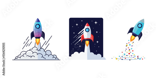 Flat vector icon of a rocket launching, symbolizing startup, success, and innovation