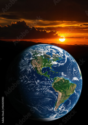 The planet Earth floats in space with a brilliant orange sunset and dark clouds behind mountains on the horizon, evoking nature's majesty