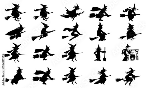 Whimsical Witch Silhouettes Pack: A collection of enchanting silhouettes capturing the spirit of Halloween, featuring witches on their broomsticks in flight, ready for the spooky season.