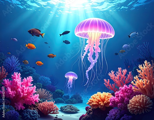 Colorful Underwater Scene with Jellyfish and Coral Reef