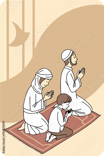 Muslim Family Praying Together – Evening Spiritual Moment