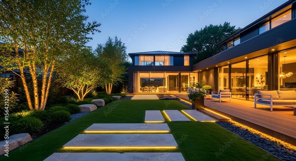 Obraz premium Modern House Backyard Landscape Design at Dusk