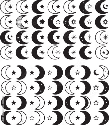 Crescent moon icons a celestial duo elegant minimalist design set sky red two logo star