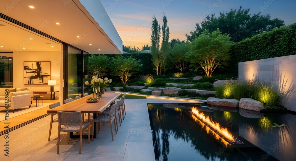 Fototapeta premium Modern Luxury Home Exterior with Fire Pit Pond