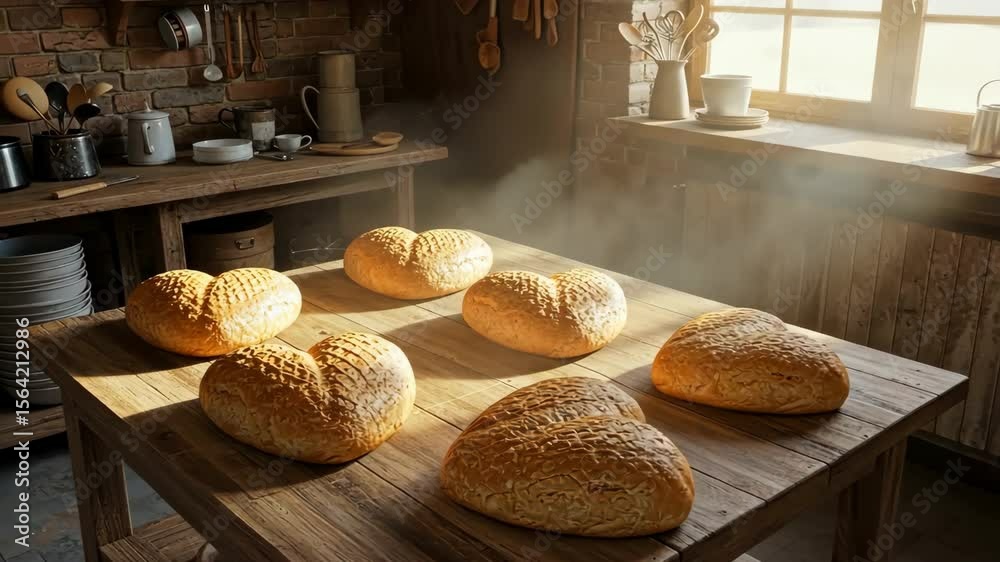 Freshly baked bread on a rustic kitchen table with steam rising