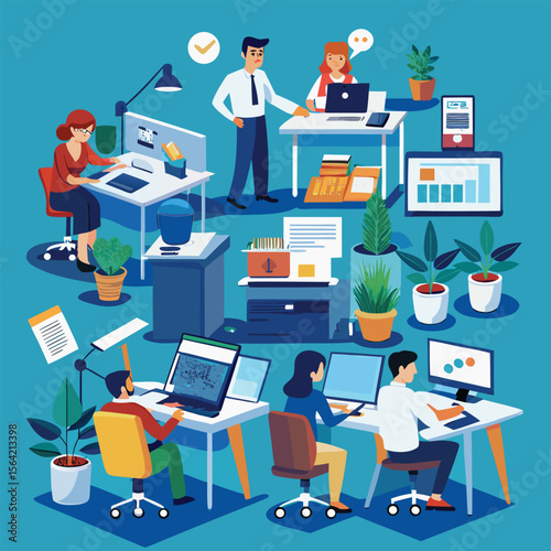 Modern office environment depicting diverse employees at work with computers and plants