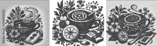 Line Halftone Tea Cup with Lemon Slice and Flowers Bundle Set – Vintage Botanical Teacup, Floral Tea Packet Illustration in Engraved Style – Black and White Vector Drawing Art
