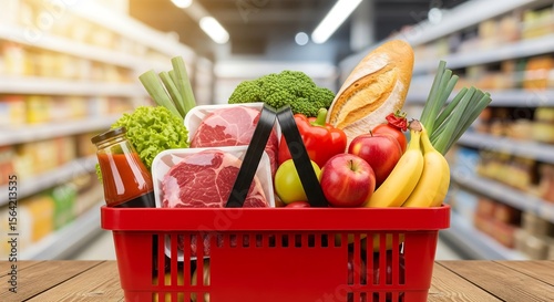 A red shopping basket is filled with groceries including meat, fruit, vegetables, and bread, set against a blurred background of supermarket shelves.