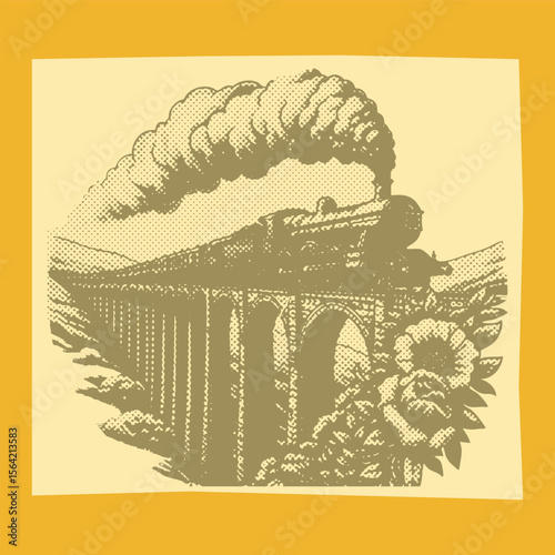 Vintage steam locomotive crossing floral stone viaduct in line halftone style – retro train stamp illustration with arched bridge, travel concept, antique engraving vector design
