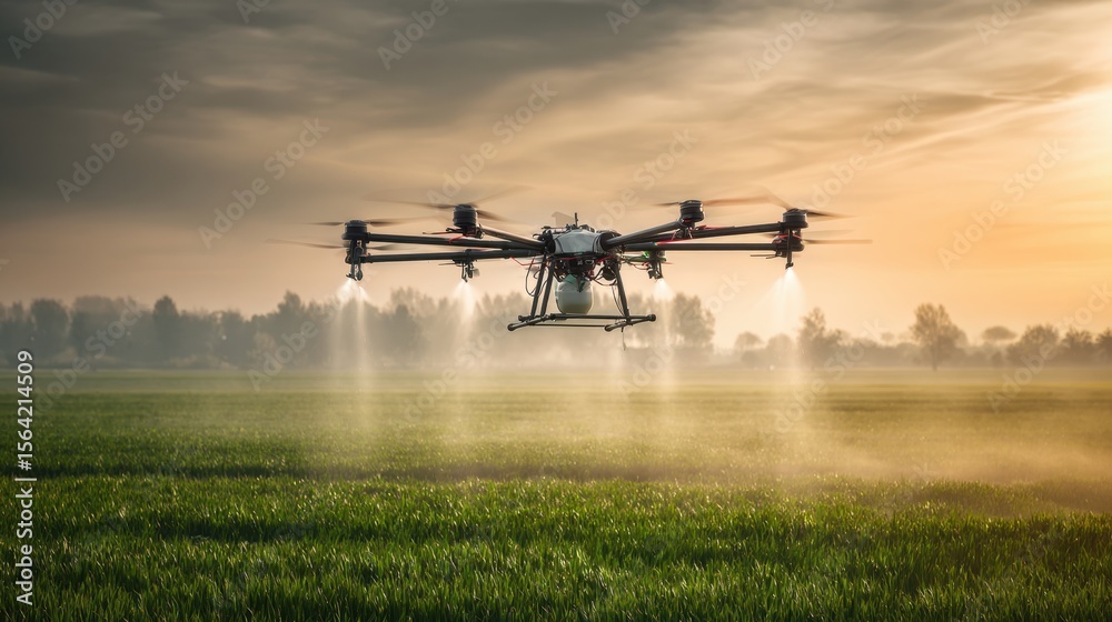 Fototapeta premium Drone in agricultural field: A high-angle shot captures a drone applying crop protection products over a field, illustrating the precision agriculture and technology.