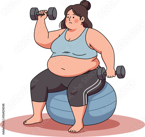 Fat woman exercising with dumbbells on a stability ball Illustration