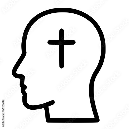 Simple Line Art Head with Cross Symbol Concept Religion Icon