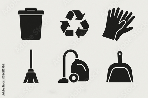 Solid Cleaning and Sanitation Icon Set in Silhouette Style for Hygiene and Janitorial Use