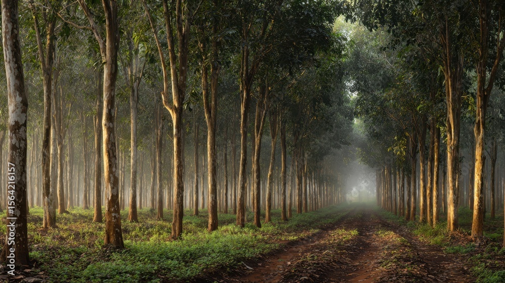Naklejka premium Misty Rubber Plantation Path: A tranquil dirt road winds through a dense rubber plantation, the morning mist creating an ethereal atmosphere. Sunlight filters through the trees.