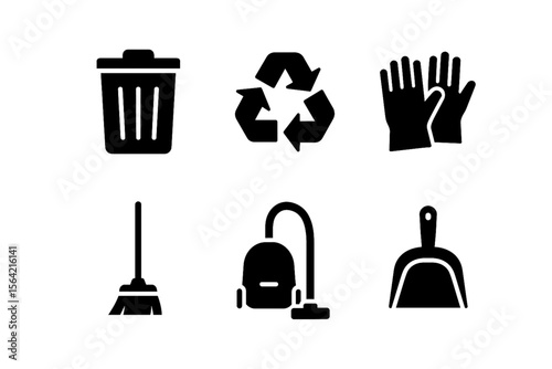 Solid Cleaning and Sanitation Icon Set in Silhouette Style for Hygiene and Janitorial Use