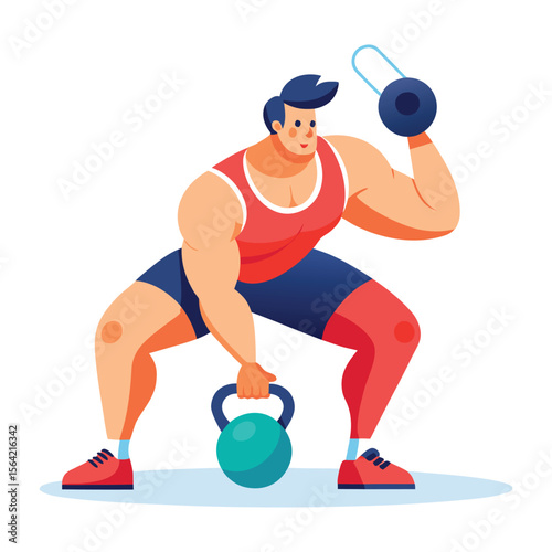 Athletic person performing kettlebell squat exercise in a modern flat cartoon illustration