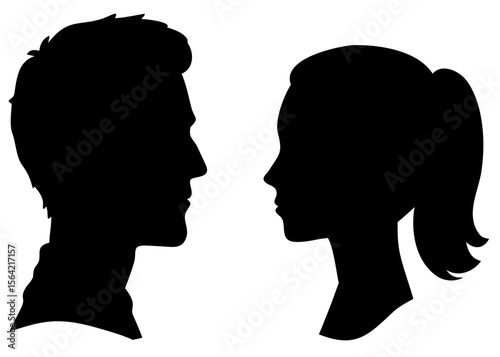 Man and woman face silhouettes, head profile icons in black vector design
