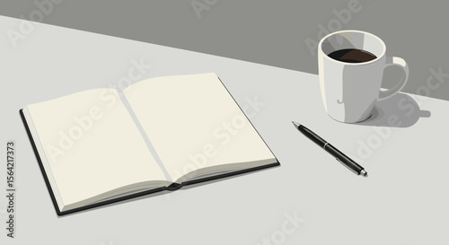 Open journal with coffee and pen on a gray surface
