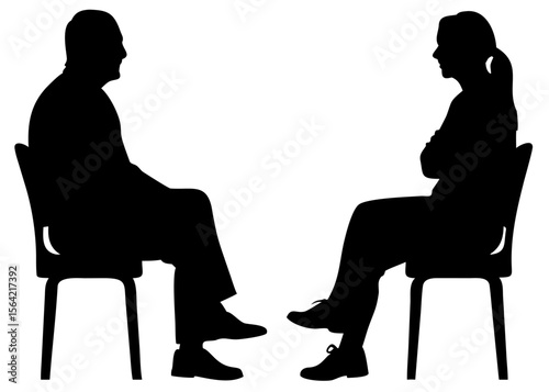 People sitting on chairs, profile silhouette in PNG with clean vector lines
