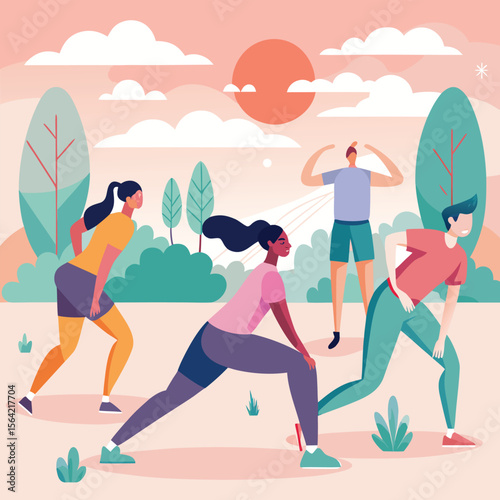 Group of diverse people exercising and stretching outdoors in a beautiful park setting