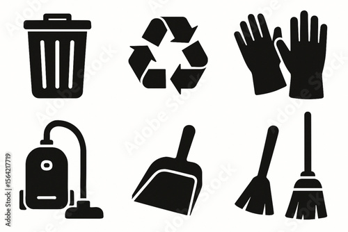 Solid Cleaning and Sanitation Icon Set in Silhouette Style for Hygiene and Janitorial Use