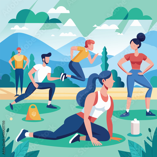 Group of diverse people exercising outdoors fitness training and healthy lifestyle